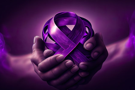 Hands holding Purple ribbon, world cancer day. Generative Aiの素材