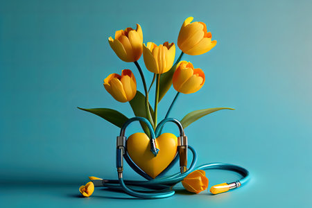 Pink tulips and stethoscope with spiral notepad with happy doctors day text on it. Generative Aiの素材