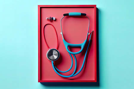 Red stethoscope on bright pastel blue background. Generative Aiの素材