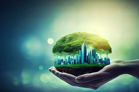 World environment day concept: Human handing big city blurred blue nature background. Generative Aiの素材