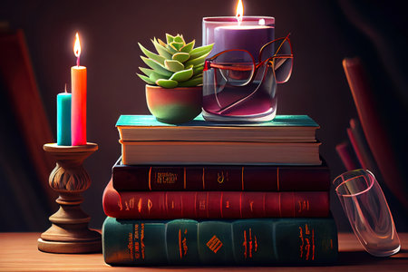 Background for World Book Day. Still life with stack of colorful books and home interior decor. Generative Aiの素材