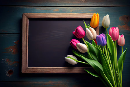 A chalkboard with school supplies and tulip flowers on a rustic wooden table. Copy space for text. Generative Aiの素材