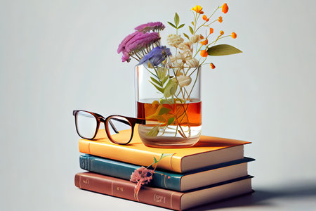 Flowers in a glass cup, books, glasses on a white background, the concept of Teacher's Day. Generative Aiの素材