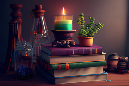 Background for World Book Day. Still life with stack of colorful books and home interior decor. Generative Aiの素材