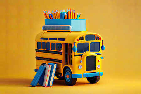Yellow backpack with alarm clock and school equipment. Generative Aiの素材