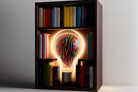 3d Wooden bookshelf in form of bulb. Generative Aiの素材