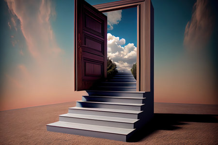 Book steps leading to door against sky. Generative Aiの素材