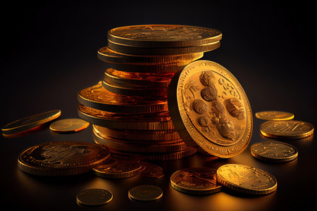 High Angle View Of Golden Coins On Gray Background. Generative Aiの素材