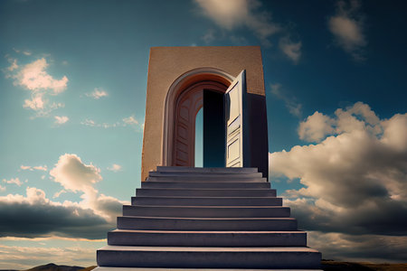 Book steps leading to door against sky. Generative Aiの素材