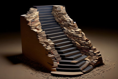 A cute mouse climbs up to the moon on the stairs from the books. Generative Aiの素材