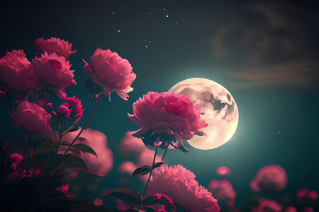 Retro style artwork with vintage color tones. Romantic night scene. Generative Aiの素材