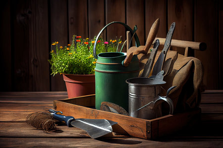 Outdoor gardening tools on old wood table. Generative Aiの素材