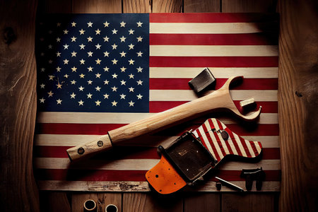Fireworks on Labor Day holiday background with USA rustic wooden flag. Generative Aiの素材