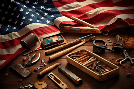 Fireworks on Labor Day holiday background with USA rustic wooden flag. Generative Aiの素材