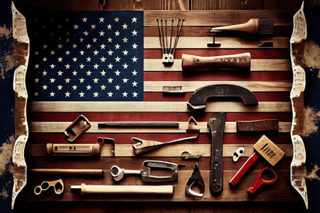Holiday background with USA rustic wooden flag and many worker tools. Generative Aiの素材