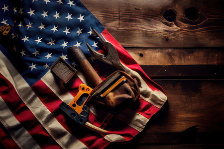 Labor day concept, Top view flat lay of different kinds wrenches with American flag. Generative Aiの素材
