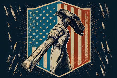 Hand holding hammer illustration vintage clip art for carpenter. Generative Aiの素材