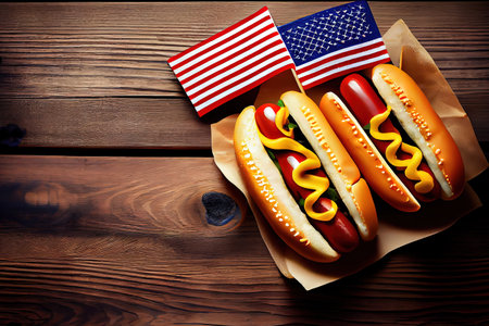 USA national holiday Labor Day, hot dogs with ketchup and mustard on wood background. Generative Aiの素材