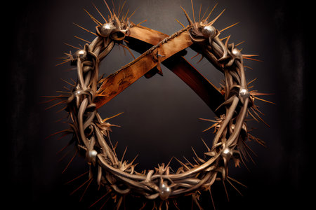 Excellent A depiction of the crown of thorns of jesus christ and a nail on the holy cross, realistic Ai generativeの素材