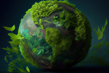 Woman holding a green planet Earth. Generative Aiの素材