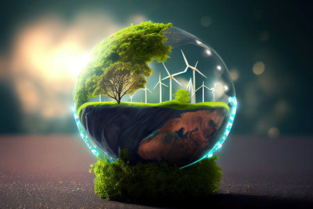 Hands protecting globe of green tree on tropical nature summer background. Generative Aiの素材