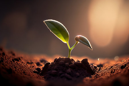 Seeding are growing in the soil with backdrop of the sunlight. Generative Aiの素材