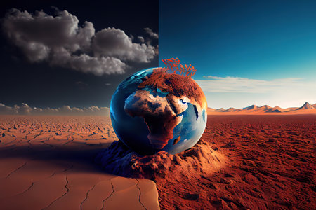 Earth on a background of grass and clouds versus a ruined Earth on a background of a dead desert. Generative Aiの素材