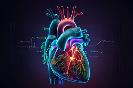 Surprising Anatomy of human heart on ecg medical background. Generative Aiの素材