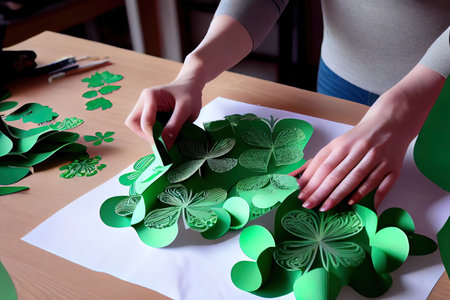 Paper near clovers, coins, bow ties and bamboo mat. Generative Aiの素材