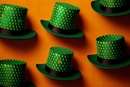 pattern of of green st.Patrick hats on orange background. Generative Aiの素材