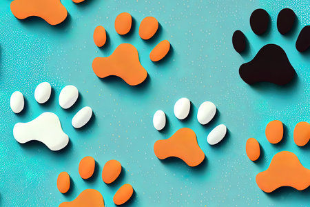 Seamless background with bone and footprint Dog paw, background, wallpaper, graphic design, mix color. Generative Aiの素材