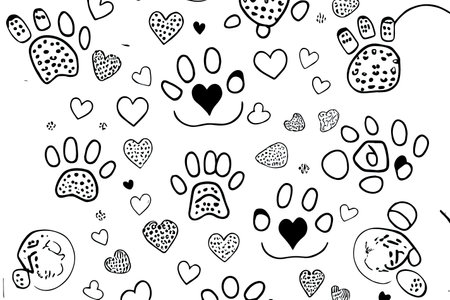 Seamless dog pattern with paw prints, bones, hearts and balls. Generative Aiの素材