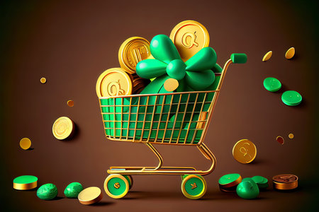 St patrick sale background supermarket shopping trolley with shamrock clover leaves. Generative Aiの素材
