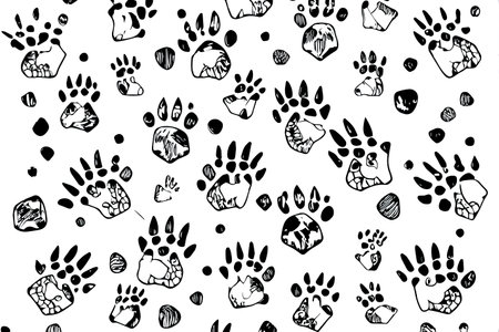 Seamless Lion pattern with paw prints, bones, hearts and balls. Generative Aiの素材