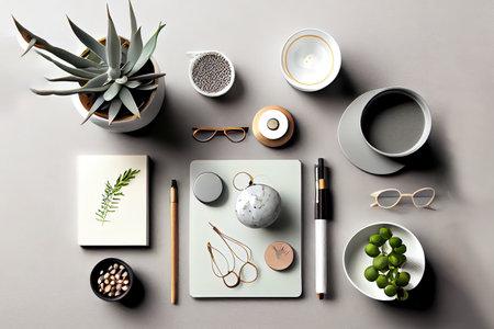 Photographic equipment, spiral notebook and personal accessories on background. Generative Aiの素材