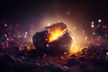 3d landscape with stepping stones in an ocean against a sunset sky. Generative Aiの素材