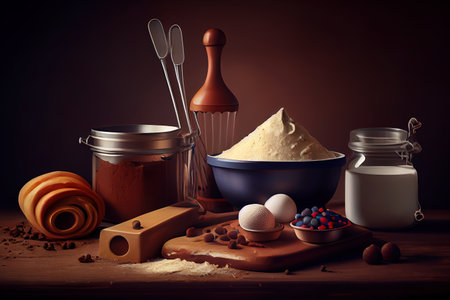 Rolling pin and white flour on a dark background. Generative Aiの素材