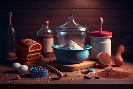 Flour with ingredients for bakery products on wooden background. Generative Aiの素材