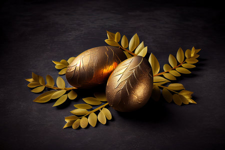 Beautiful shiny golden egg in bird nest on dark shale background. Generative Aiの素材