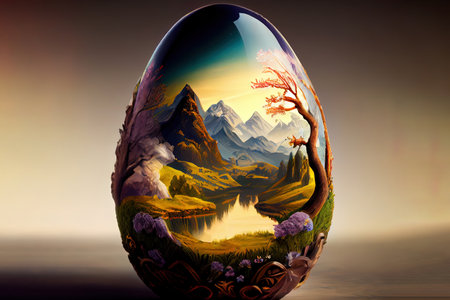 illustration of an easter egg decorated with a fantasy landscap. Generative Aiの素材