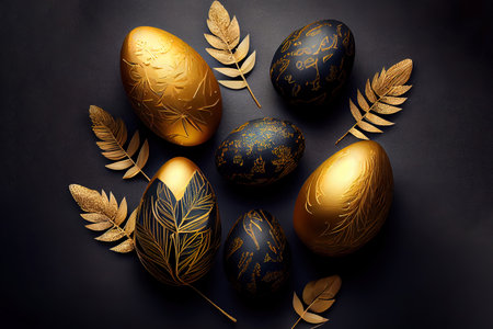 Beautiful shiny golden egg in bird nest on dark shale background. Generative Aiの素材