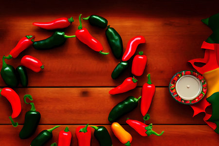Awesome Chile Pepper Decorations on Mexican Tabletop. Generative Aiの素材