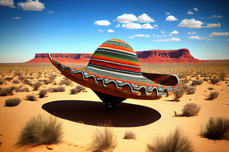 Original Mexican hat sombrero on a serape in a mexican desert at twil. Generative Aiの素材