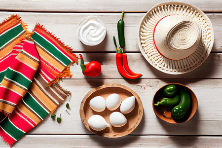 Wonderful Flat lay view of traditional Cinco De Mayo objects on white weathered wooden boards. Generative Aiの素材