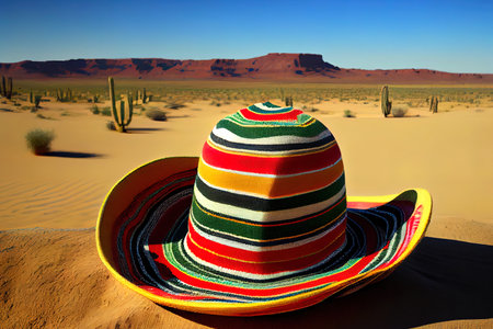 Mexican hat sombrero on a serape in a mexican desert at twil. Generative Aiの素材