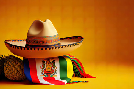 Awesome Mexican Sobrero and Serape blanket on yellow background with cop. Generative Aiの素材