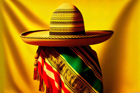 Mexican Sobrero and Serape blanket on yellow background with cop. Generative Aiの素材