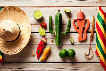 Red sombrero and sauces near blackboard. Generative Aiの素材