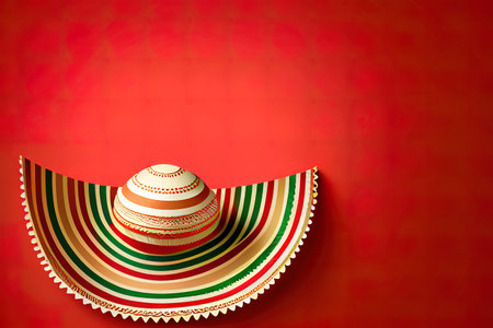 Excellent Mexican holiday background. Sombrero, macaras on red background. Generative Aiの素材