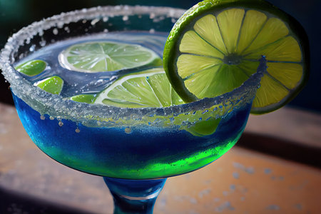 Exceptional Close up of a salted, blue rimmed margarita glass with lime slice. Generative Aiの素材